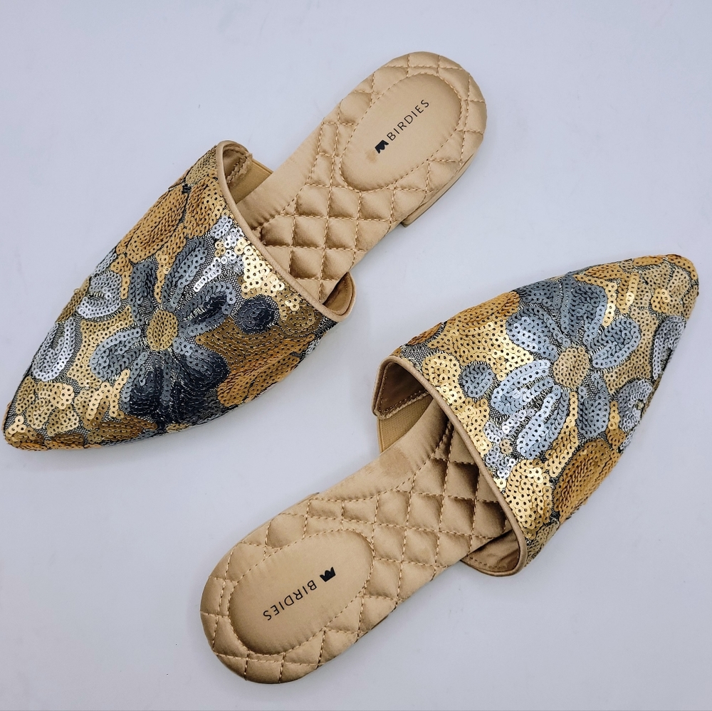 Birdies The Dove In Petal Gold and Silver Sequin Pointed Toe Mules Size 7.5